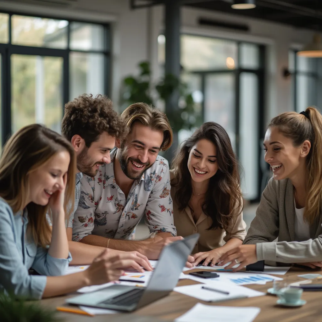 Équipe souriante et collaborative dans un bureau moderne